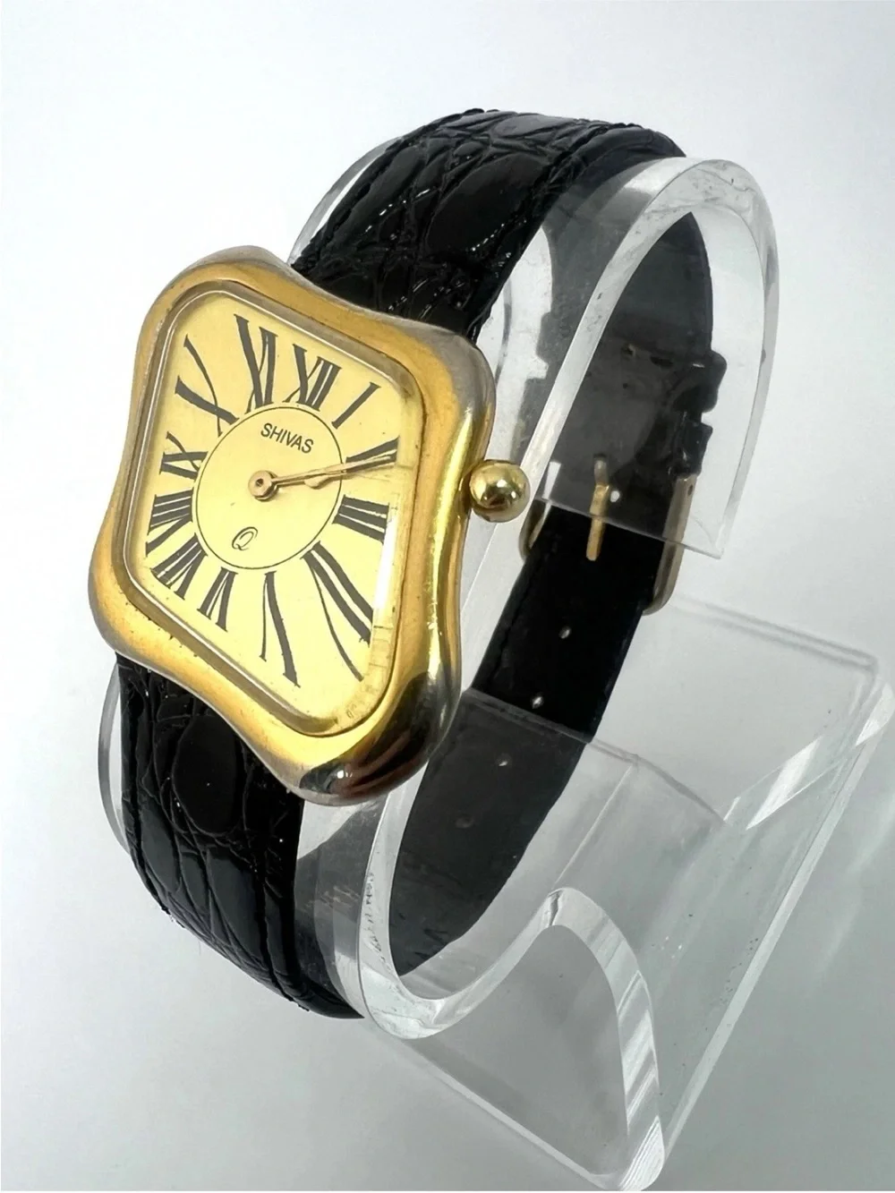 Shivas Gold-Tone Square Dial Watch with Black Leather Strap